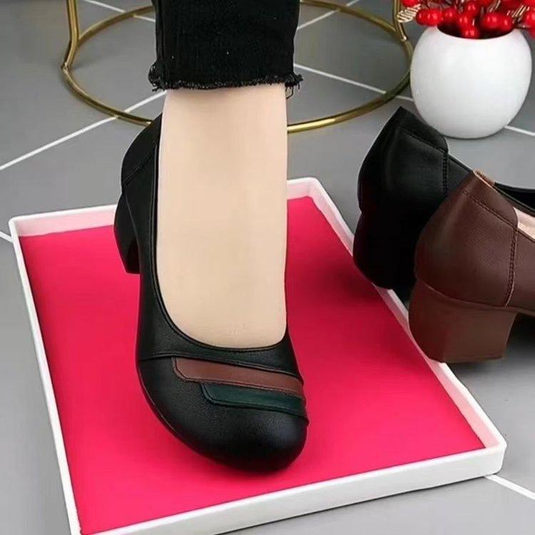 Autumn soft leather color matching thick heel single shoes women's 2025 new retro soft sole women's shoes comfortable mother shoes ethnic style shoes