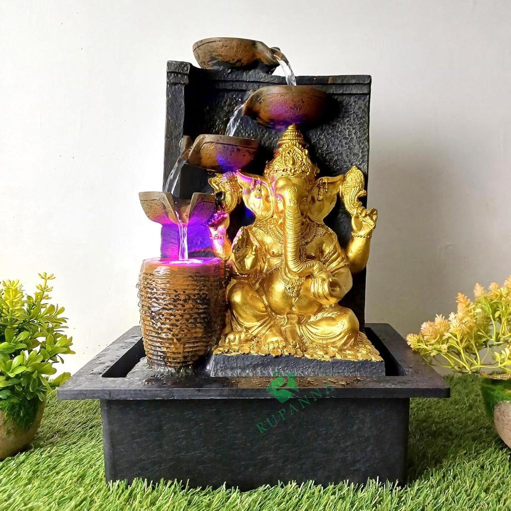 3 Step Ganesha Table Top Water Fountain with RGB LED Light for Home Décor/Gift/Vastu/Pooja/Reception/House Warming (Brown Stone & Gold)