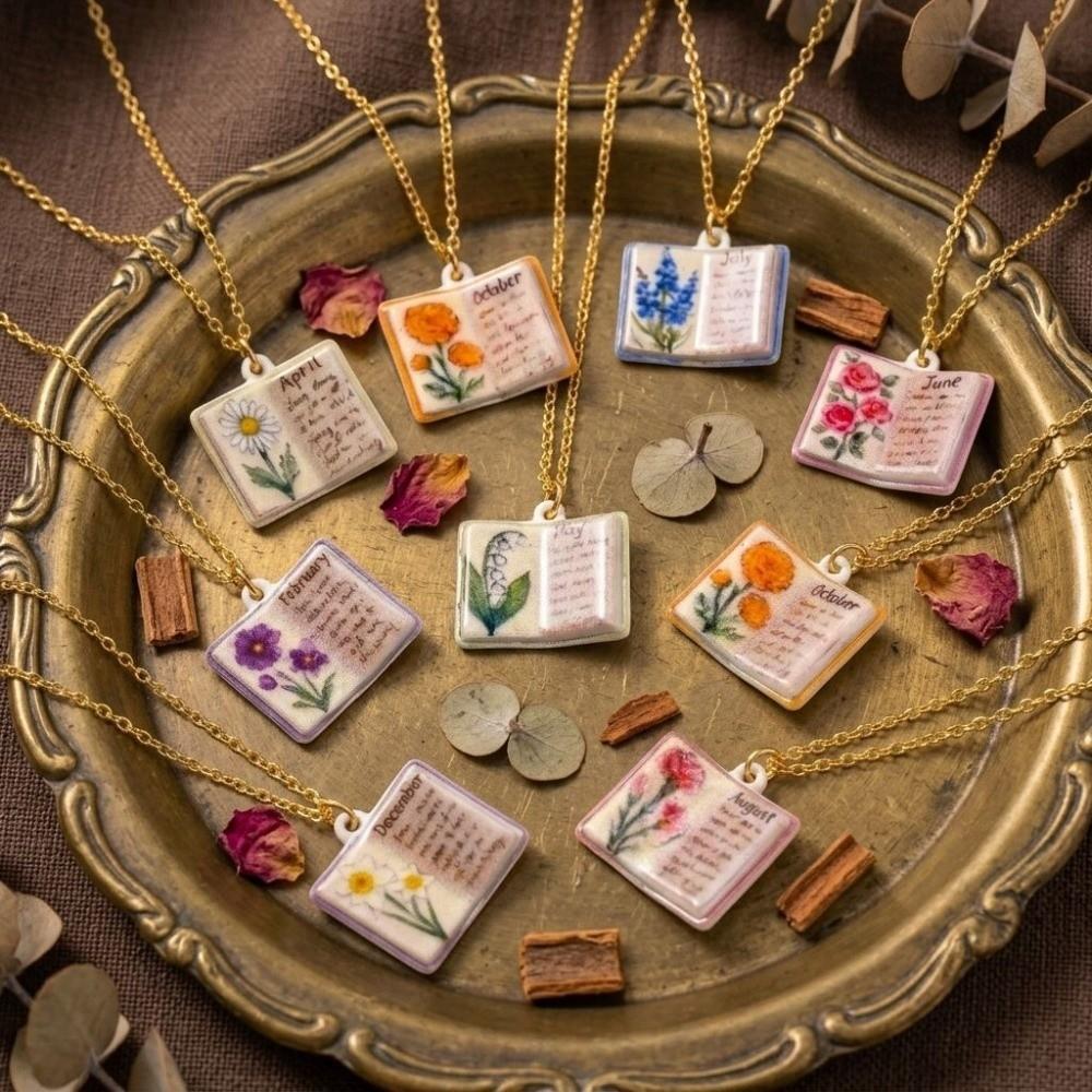 Flowers Birthday Necklace Month Design Sense Necklace Vintage Book Pendant Necklace Jewelry