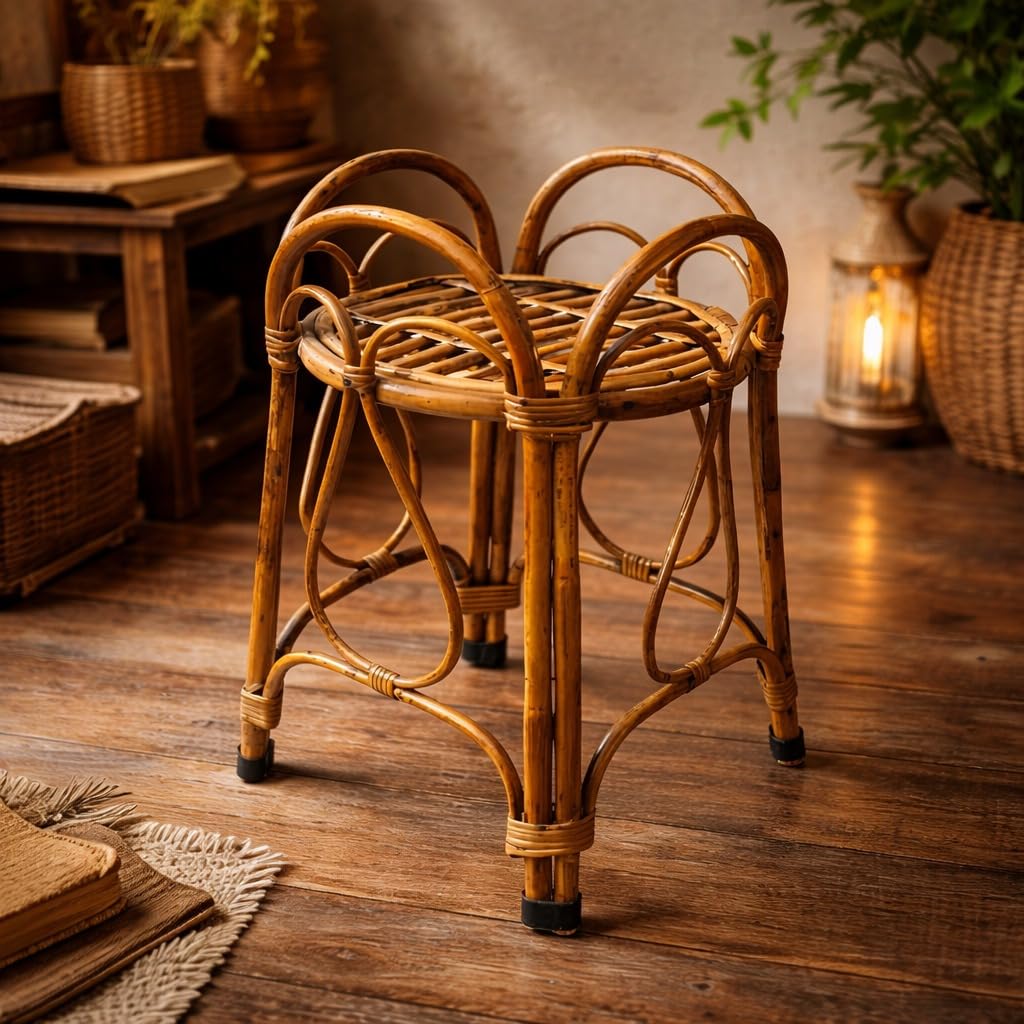 Eco Decx Handcrafted Rattan Plant Stand, Natural Bamboo Flower Pot Holder for Indoor Plants & Living Room Decor, 32 x 32 x 54 cm
