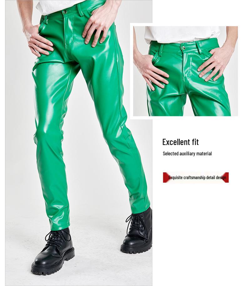 Spring/Summer Men's Slim Fit Elastic Leather Pants - Green Bar Orange, Breathable & Lightweight