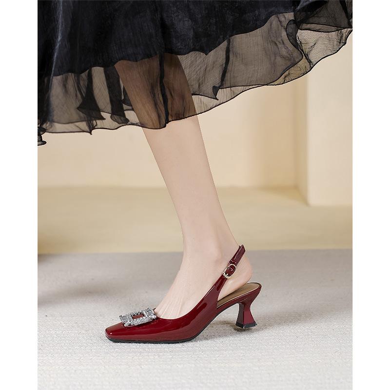 Baotou back empty sandals summer fashion 2025 new patent leather French square head single shoes rhinestone high heels stiletto