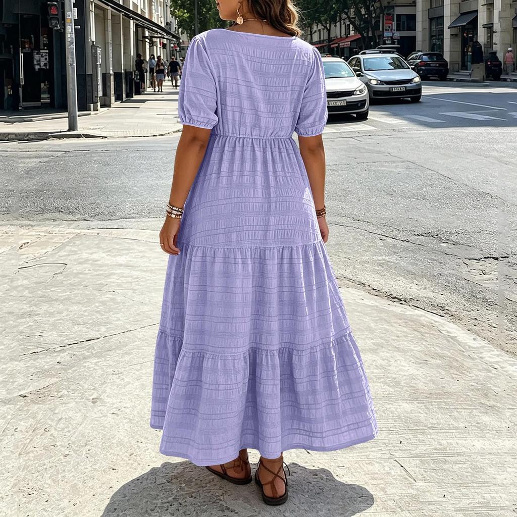 Women Plus Size Bohemian Maxi Dress Square Neck Puff Sleeve Loose Fit Casual Long Dress for Summer Beachwear