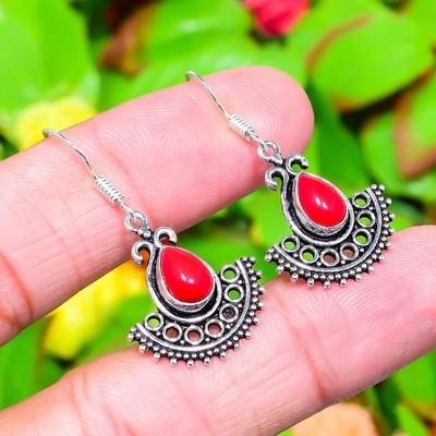 Natural Italian Red Coral Gemstone 925 Sterling Silver Earring 1.58" P9r40