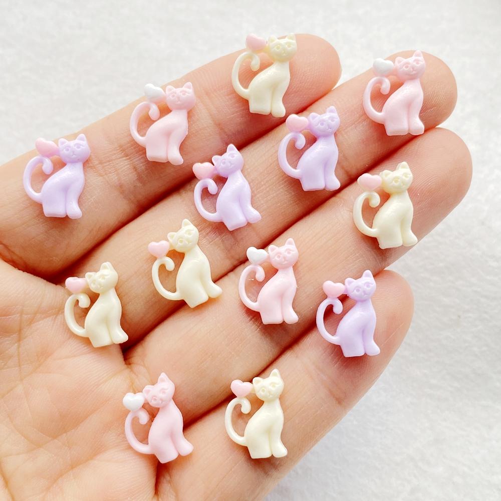50pcs Colorful Resin Mini Cute Cartoon Heart Shaped Cat Head Nail Art Flat Back Figurines Scrapbook DIY Jewelry Decor Crafts
