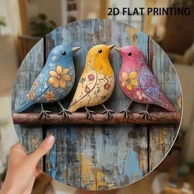 Vintage Birds Floral Wreath Round Aluminum Metal Wall Art Decor 8x8 Inch