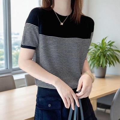 Women's Plus Size Short-Sleeve Summer Knit Top – Slimming, Age-Reducing Ice Silk Tee with Round Neck.
