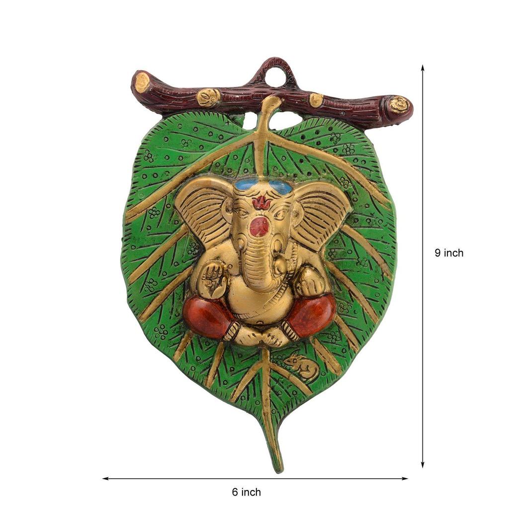 Metal Golden Lord Ganesha In Red Dhoti On Green Leaf Ganesha Wall Hanging | Decorative Showpiece for Wall Decor