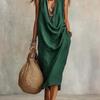 Women Casual Loose Cowl Neck Sleeveless Solid Color Long Swing Vacation Dress