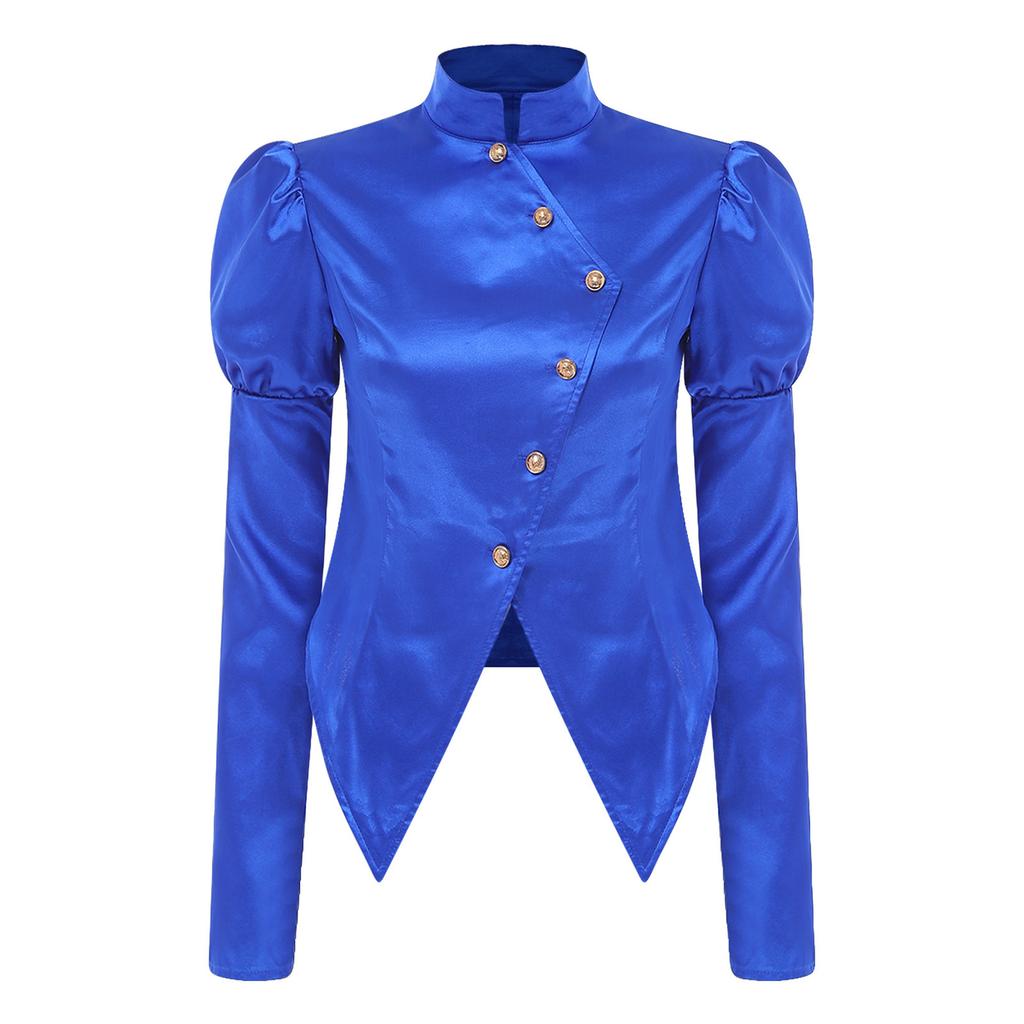 Women Victorian Blazer Stand Collar Long Puff Sleeves Button Satin Jacket Asymmetrical Blouse for Office Business Casual Theme Party