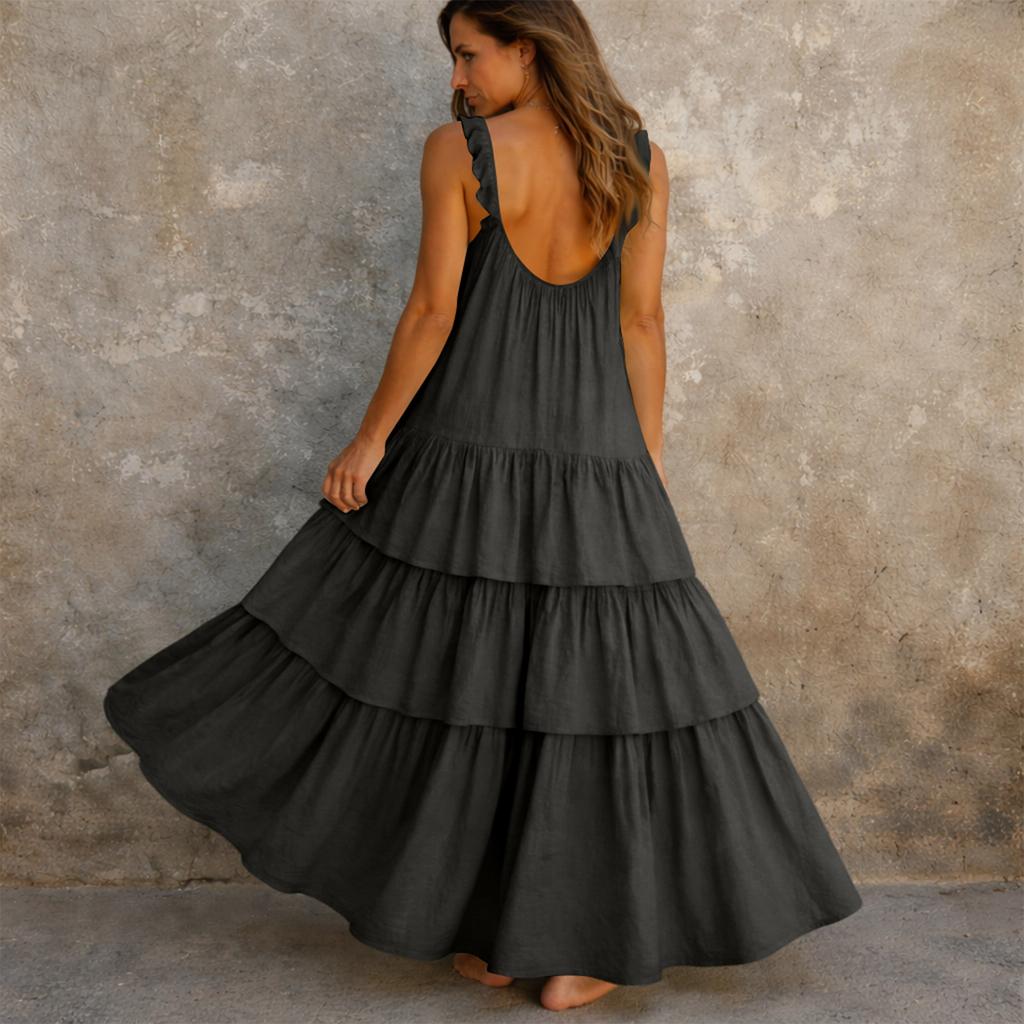 Dames mouwloos U-hals ruche zoom gelaagd maxi jurk katoen linnen losse pasvorm zomer casual zonnejurk