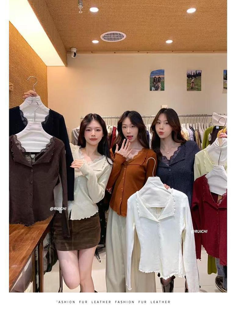 1116 Korean new V-neck lace splicing lapel short long-sleeved slim-fit knitted cardigan top women