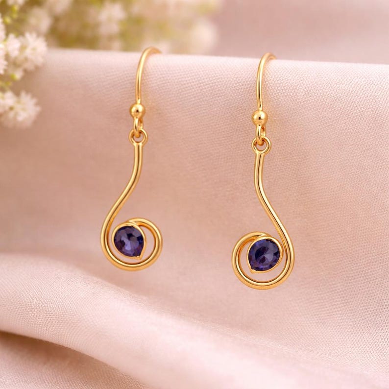 Solid 925 Sterling Silver Amethyst Round Gemstone Handmade Drop Dangle Earring Yellow Gold Plated Earring