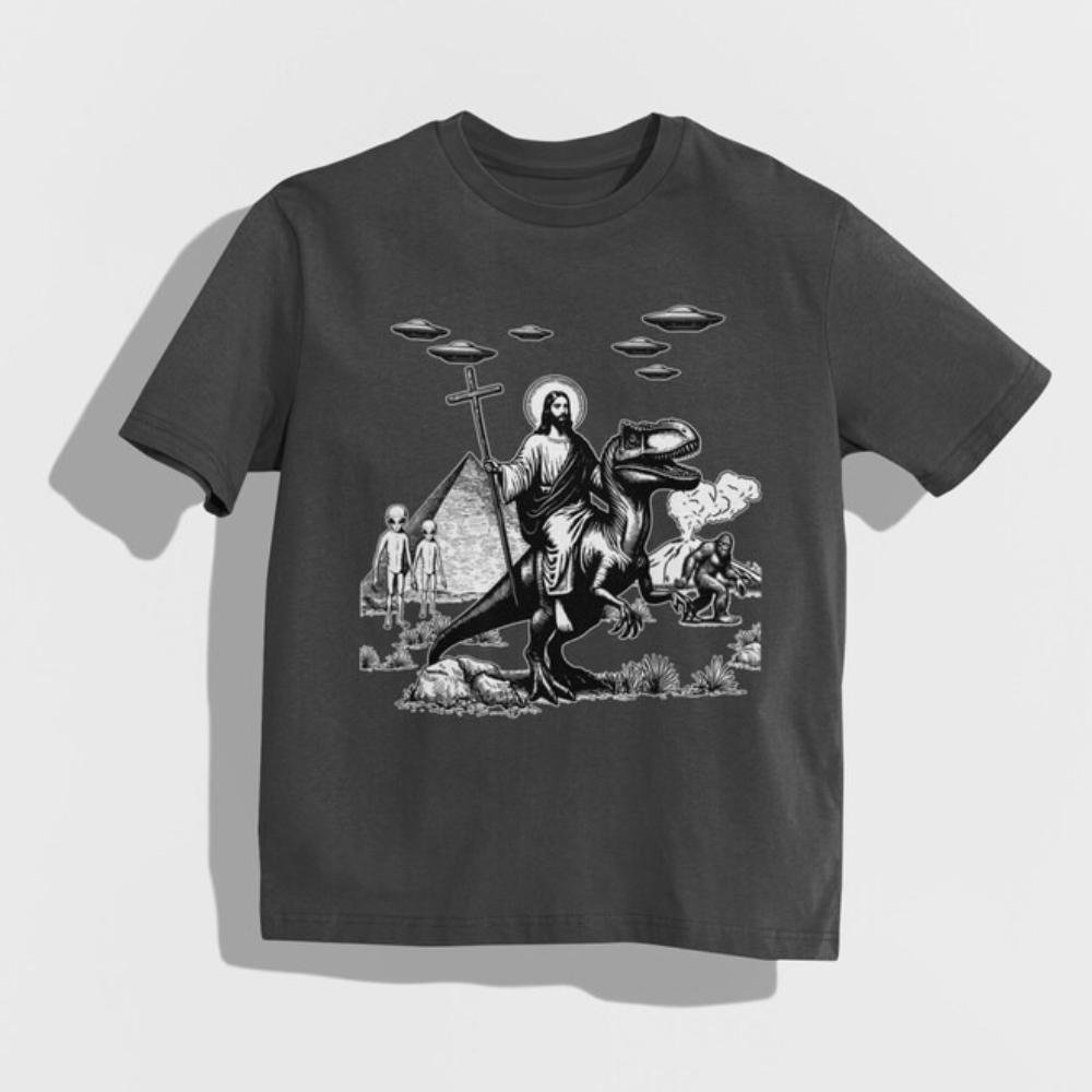 Jesus Riding Dinosaur Tshirt Funny UFO Graphic T Shirts Woman Man Offensive Cool Shortsleev Casual Outdoors Cotton Tops Tees