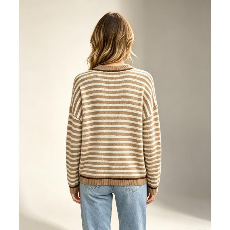 Womens Loose Fit Knit Sweater Long Sleeve Round Neck Striped Casual Pullover