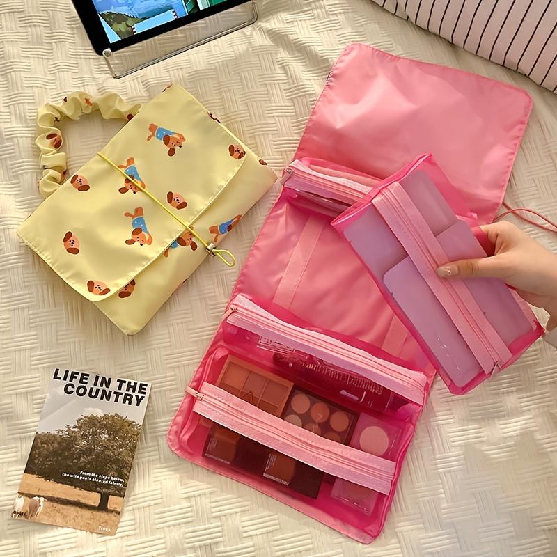 Women's Large Capacity Cosmetic Organizer Bag Cute Dog Pattern Travel Makeup & Shopping Tote, Durable Fabric Handles, Portable Cosmetics Storage
