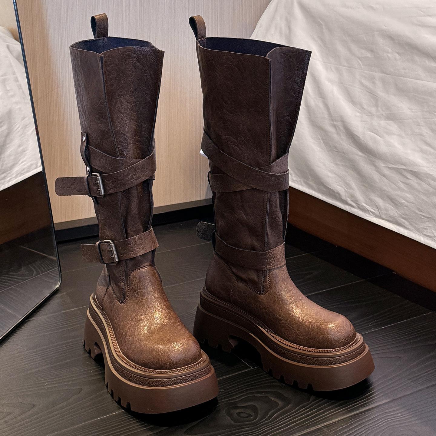 

Юэю ботфорты женские 2025 новый осенний темперамент супер огонь ретро универсальные сапоги с пряжкой женские 40 коричневый