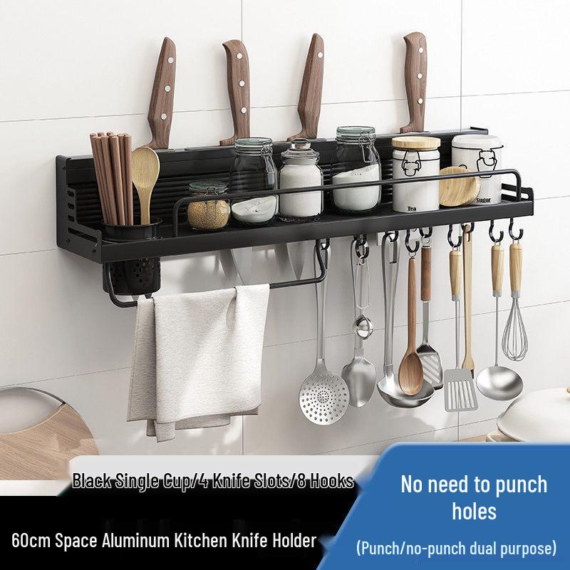 Punch-Free Aluminum Kitchen Wall Organizer: Multifunctional Rack for Utensils, Knives, Seasonings, and Chopsticks