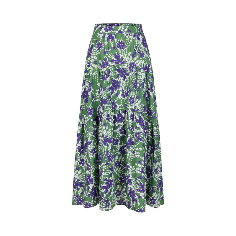 JUZUI Retro French Color-Block Floral Print A-line Midi Skirt