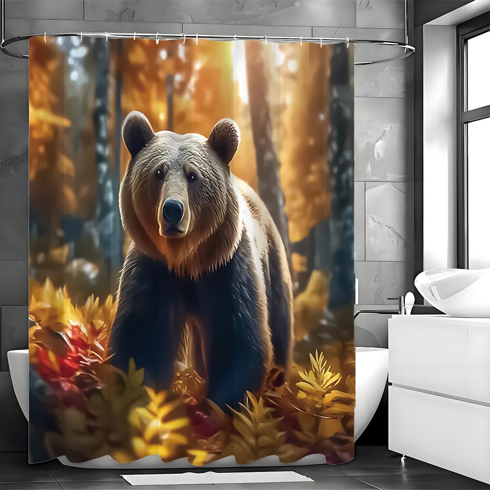 Fall Brown Bear Forest Shower Curtain, Bathroom Decorative Shower Curtain, Waterproof Shower Curtain with Hooks