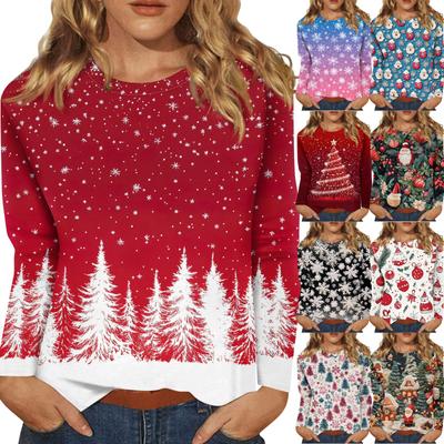 Women's Fashion Casual Christmas Printed Round Neck Long Sleeve Pullover Top