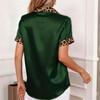 Women Satin Shirt Short Sleeve Button Down Blouse with Leopard Print Contrast Collar and Cuffs Casual Office Top for Work Daily Wear