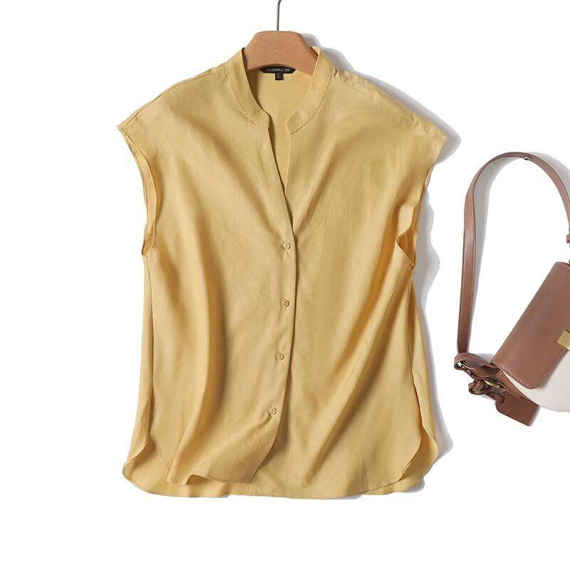 

MD Women clothes New Minimalist Old Money Style Elegant Commuter Style Linen V-neck Sleeveless Shirts Top 05162543400 Yellow S