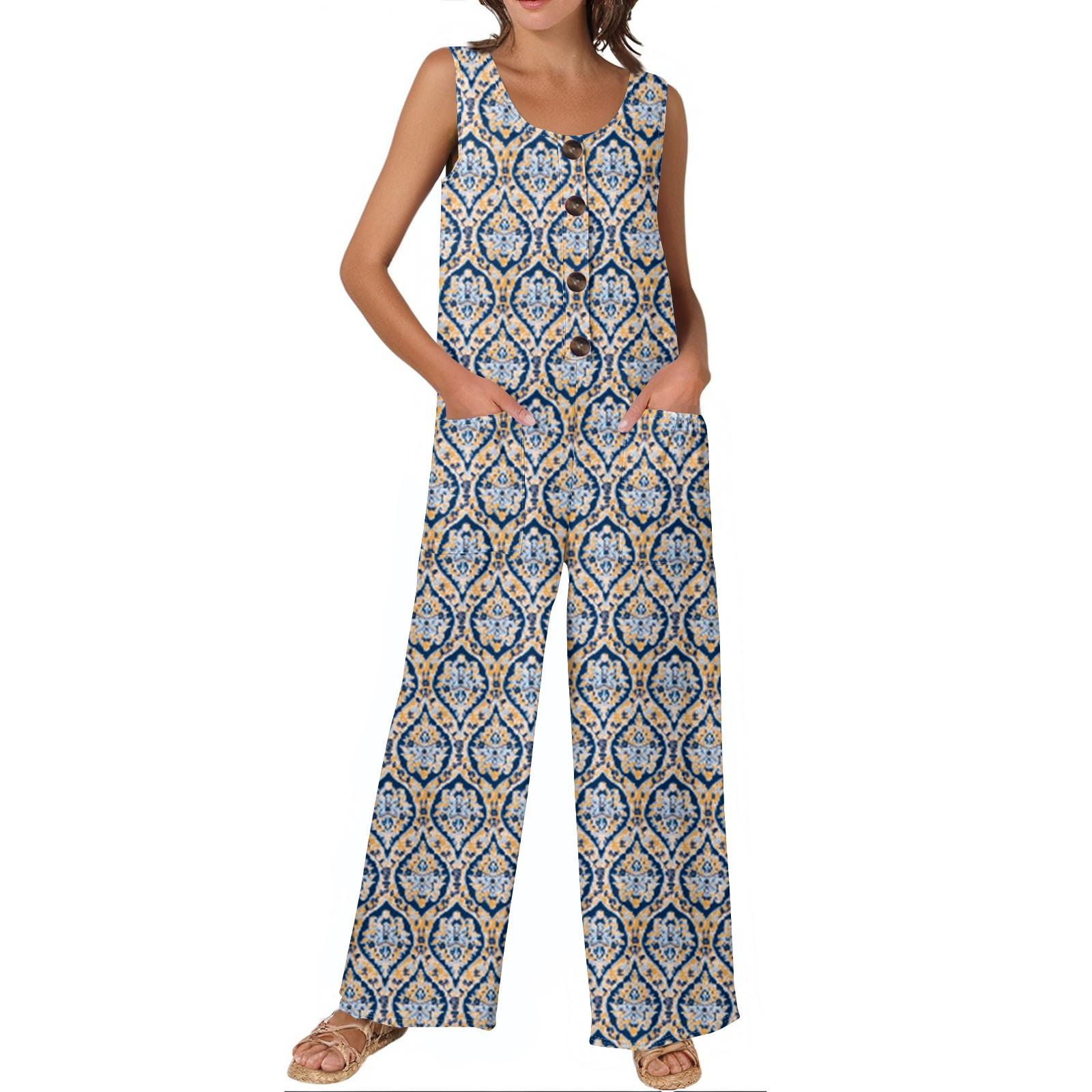 Women s Fashion Casual Button-down Sleeveless Jumpsuit Floral Print Cotton Pocket Jumpsuit XXL