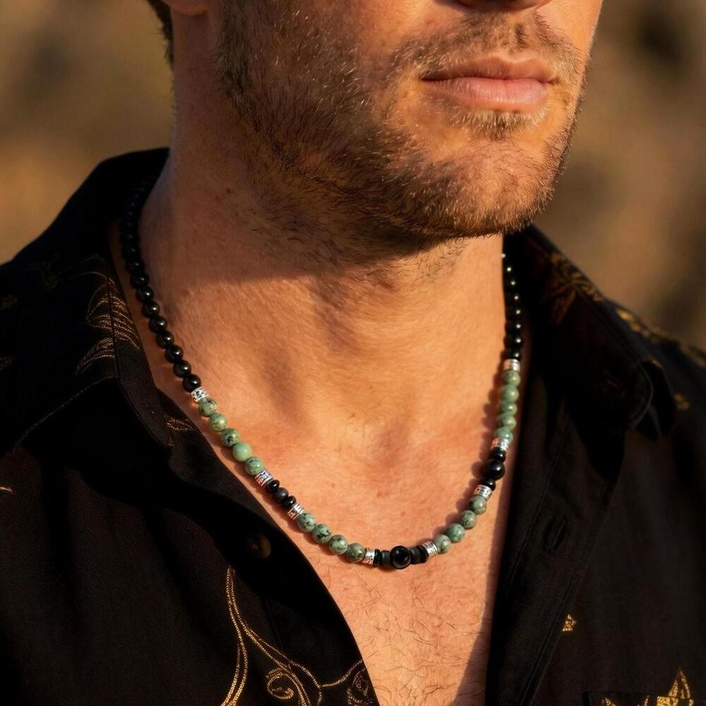 Swobodny Boho Naszyjnik z Koralików dla Mężczyzn Chłopców, Zielony Naturalny Kamień Czoker na Szczęście, Stylowa Letnia Plażowa Biżuteria Męska Prezent