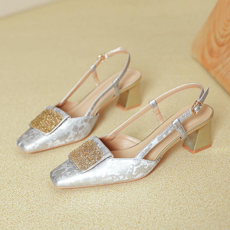 Baotou sandals women's 2025 new summer skirt mid-heel empty single shoes silver French thick heel square head high heels