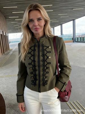Dames Vintage Amerikaanse Stijl Geknoopte Kraag Blazer Jas Slim Fit Staande Buitenjas