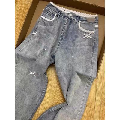 Retro Kant Kant Design Jeans voor Dames met Hoge Taille en Slankheid, Losse Rechte Wijde Pijpen