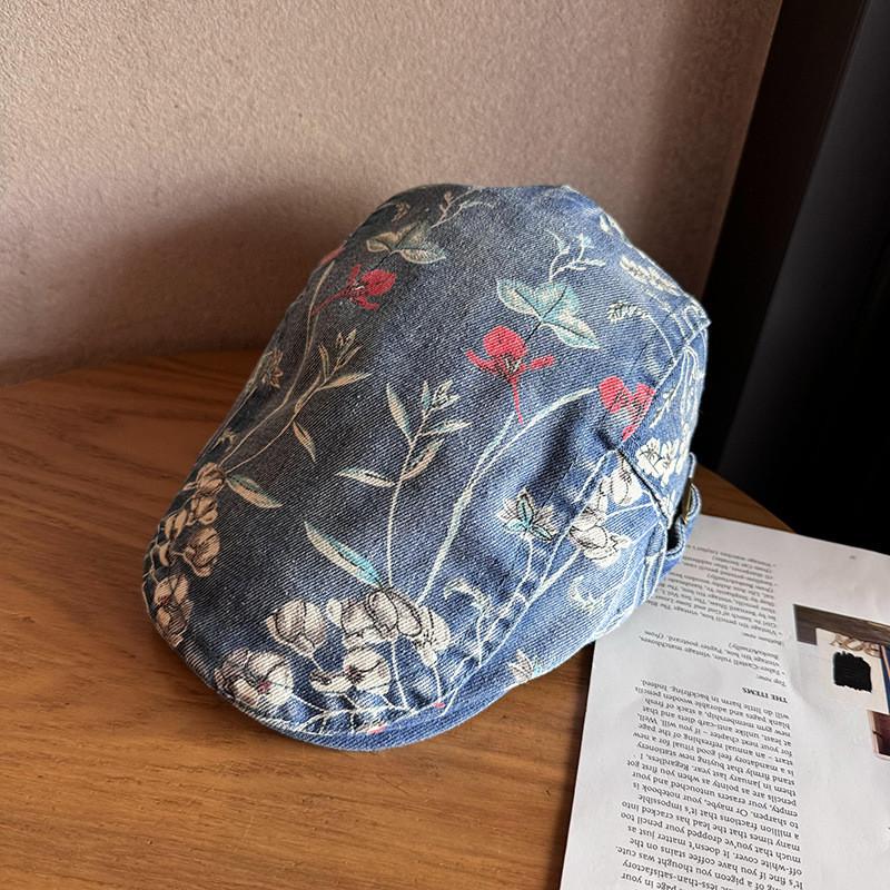 Ethnic Style Denim Cotton Cap With Floral Print For Streetwear And Sun Protection