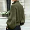 Women's Fall Winter Cropped Zip-Up Knit Cardigan with High Stand Collar, Sleeves and Fabric