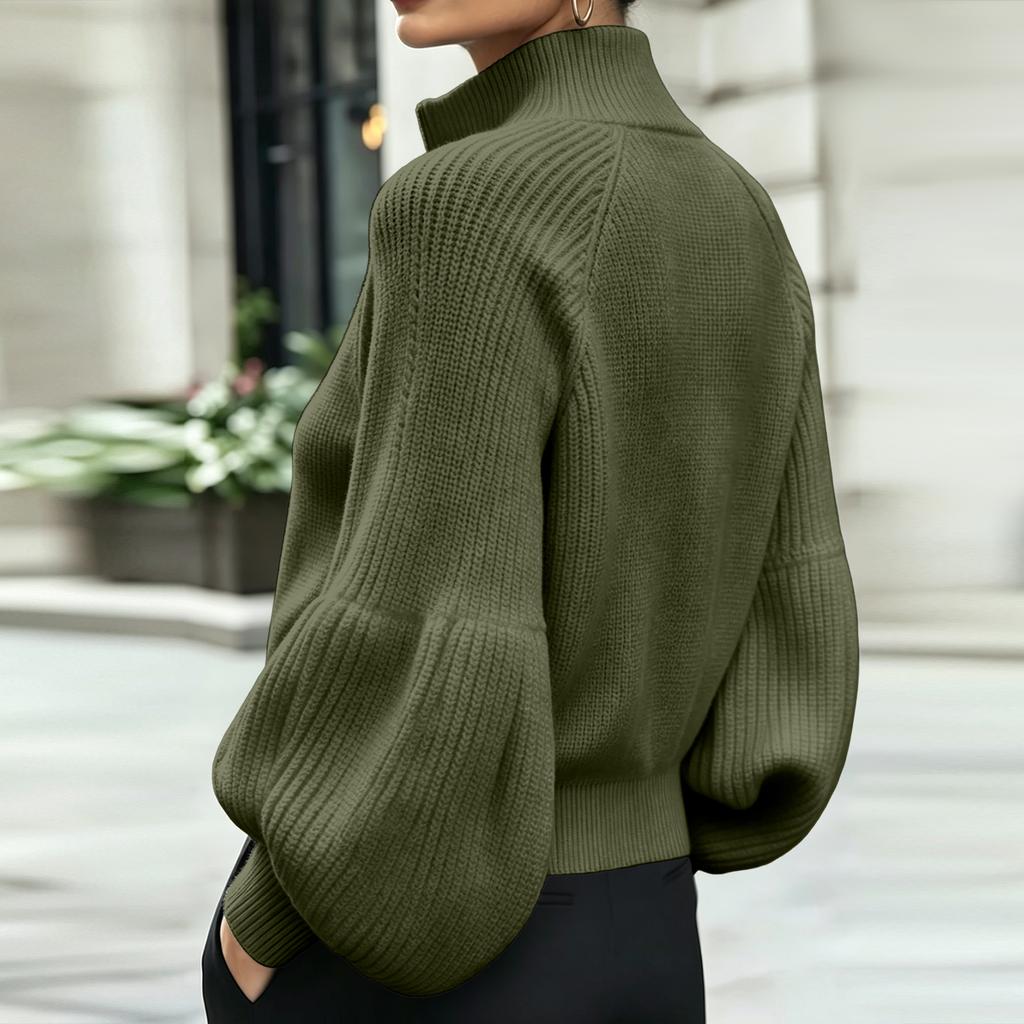 Women's Fall Winter Cropped Zip-Up Knit Cardigan with High Stand Collar, Sleeves and Fabric