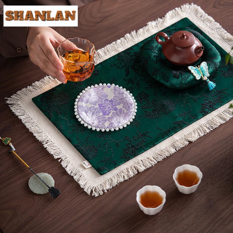 Chinese Woven Brocade Bead Pot Bearing Holder Coffee Cup Dessert Serving Trays Dry Brew Table Tea Tray Coaster Teaset Decoration