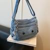 Crossbodyveske i vasket denim med flere glidelåslommer, uformell skulderveske for kvinner, daglig reise
