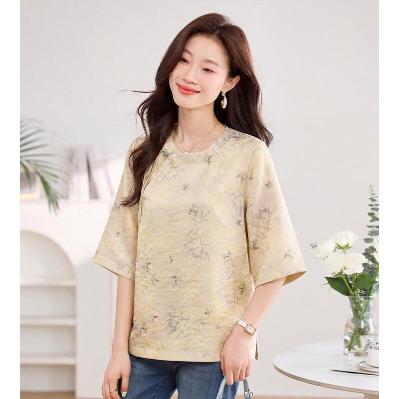 ORIGIN Women's Chinese Style Printed Round Neck Mid-Sleeve Shirt