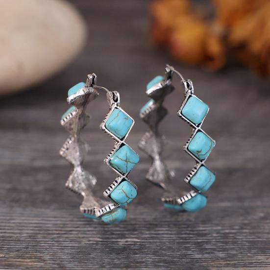 Yousheng 1 Pair Women Earrings Exaggerated U Shape Natural Stone Ethnic Style Bohemian Rhombus Faux Turquoise Statement Earrings Fashion Jewelry
