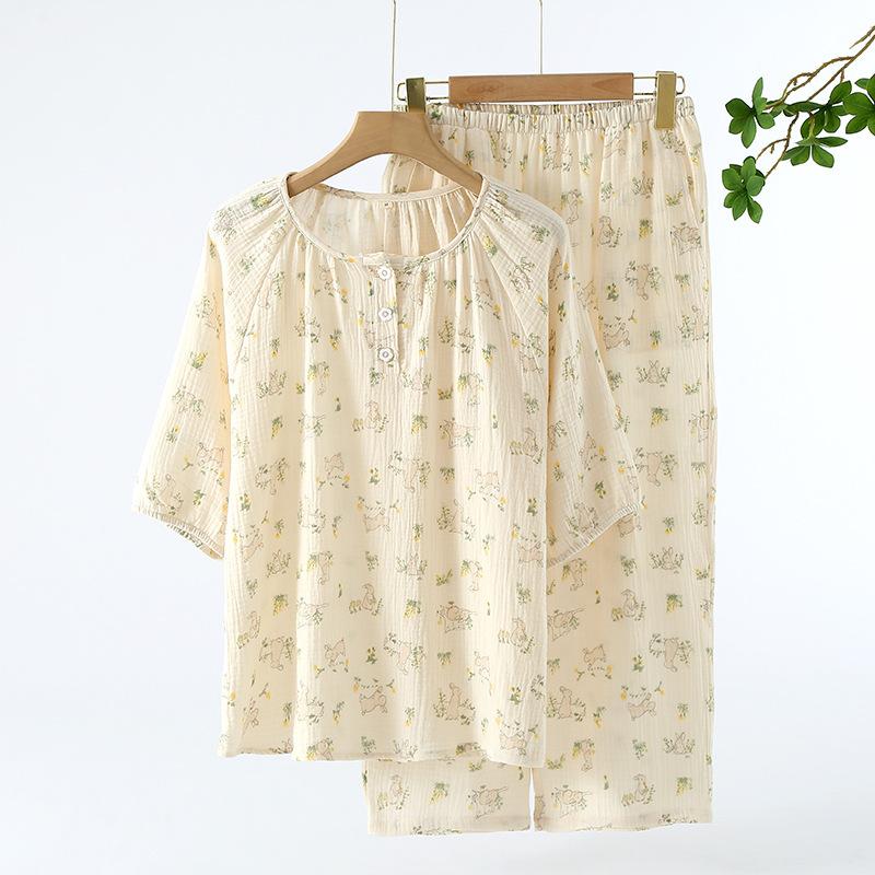 New Women's Spring/Summer Women's Pure Cotton Pajama Set Flower Print Short Sleeves+Capris Two Piece Sweet Home Furnishings
