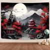 Japanese Ink Landscape Tapestry Red Sun Bird House Wall Hanging Bedroom Living Room Aesthetic Wall Decor Home