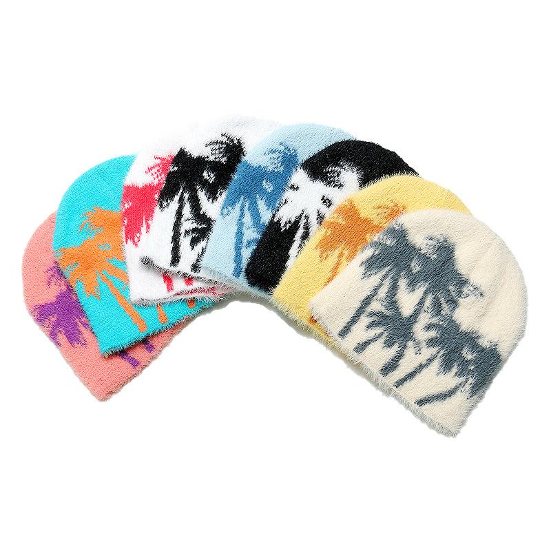 Autumn and winter thermal hat women's outdoor plush beanie hat brimless cap coconut tree jacquard wool hat imitation mink hair
