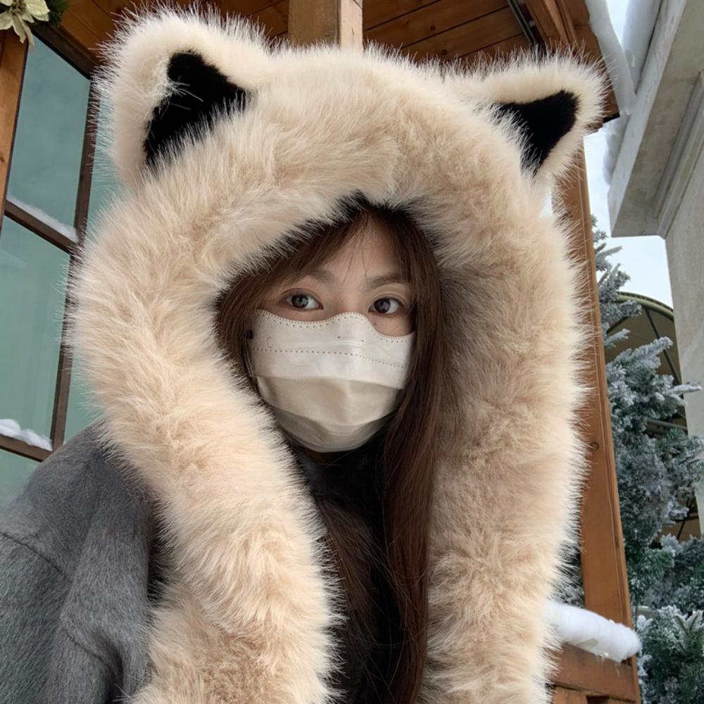 Windproof Plush Vixen Ear Beanie Hat Thicken Hooded Scarf Cute Integrated Cap Scarf Outdoor