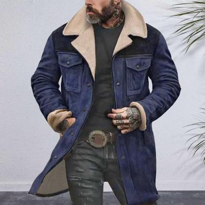 Yousheng Herrenjacke Großer Plüschkragen Langarm Vintage Wildlederjacke mit Taschen Reißverschluss Mittellang Motorradmantel