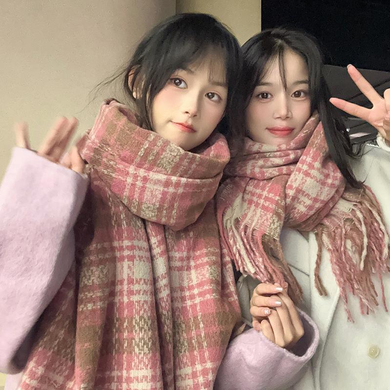 Plaid Scarf Women's Korean Style Warm Atmosphere New Dry Rose Pink Autumn and Winter Whitening Soft Tassel Shawl Scarf