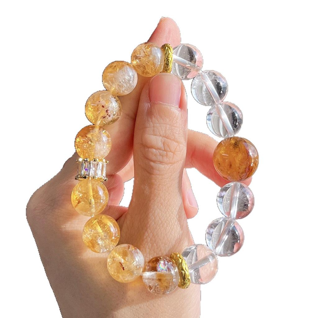 About 12Mm Large Particle Natural Citrine White Crystal Yellow Gum Flower Design Bracelet