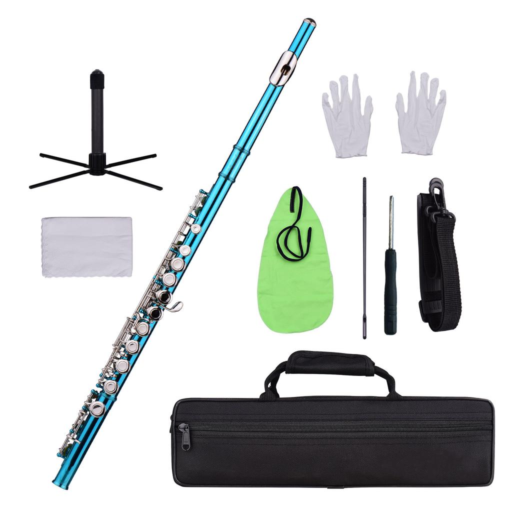 Closed Hole C Flute 16 Keys Cupronickel Nickel-plated Wind Instrument with Carry Case Flute Stand Gloves Cleaning Cloth Screwdriver Cleaning Rod