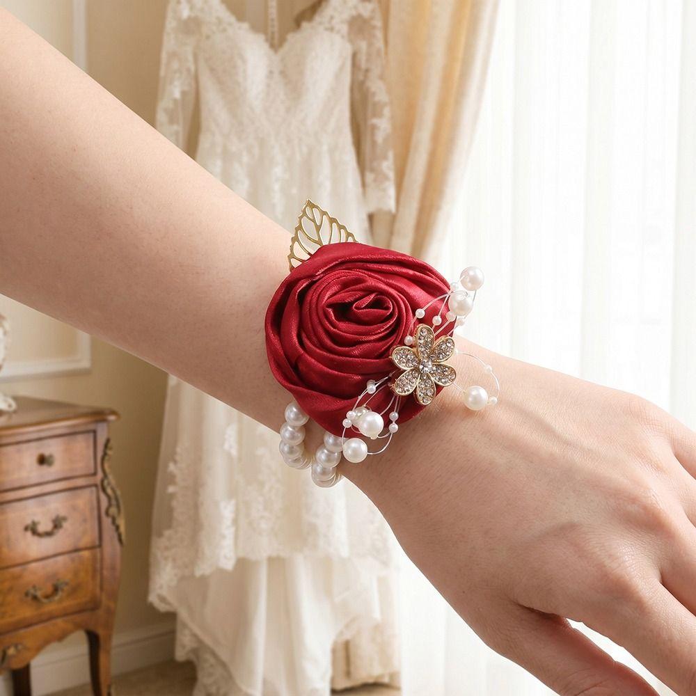 Artificial Rose Bridesmaid Wrist Flowers Pearl Wedding Flower Bracelet Wrist Corsage Girls