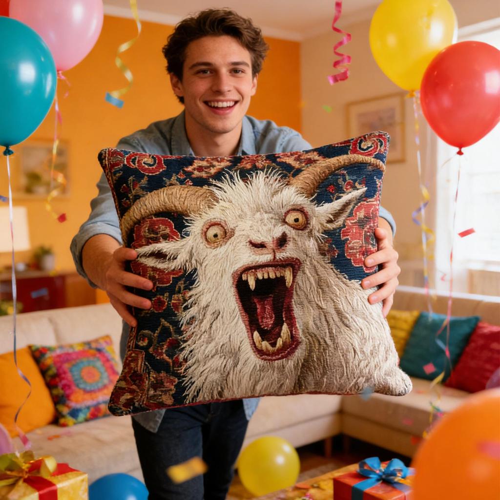 Soft Pillow Spooky Goat Face 2D Flat Printed Pillow Cushion Cover 18x18 Funny Screaming Goat Home Decor Covers For Sofa Bed
