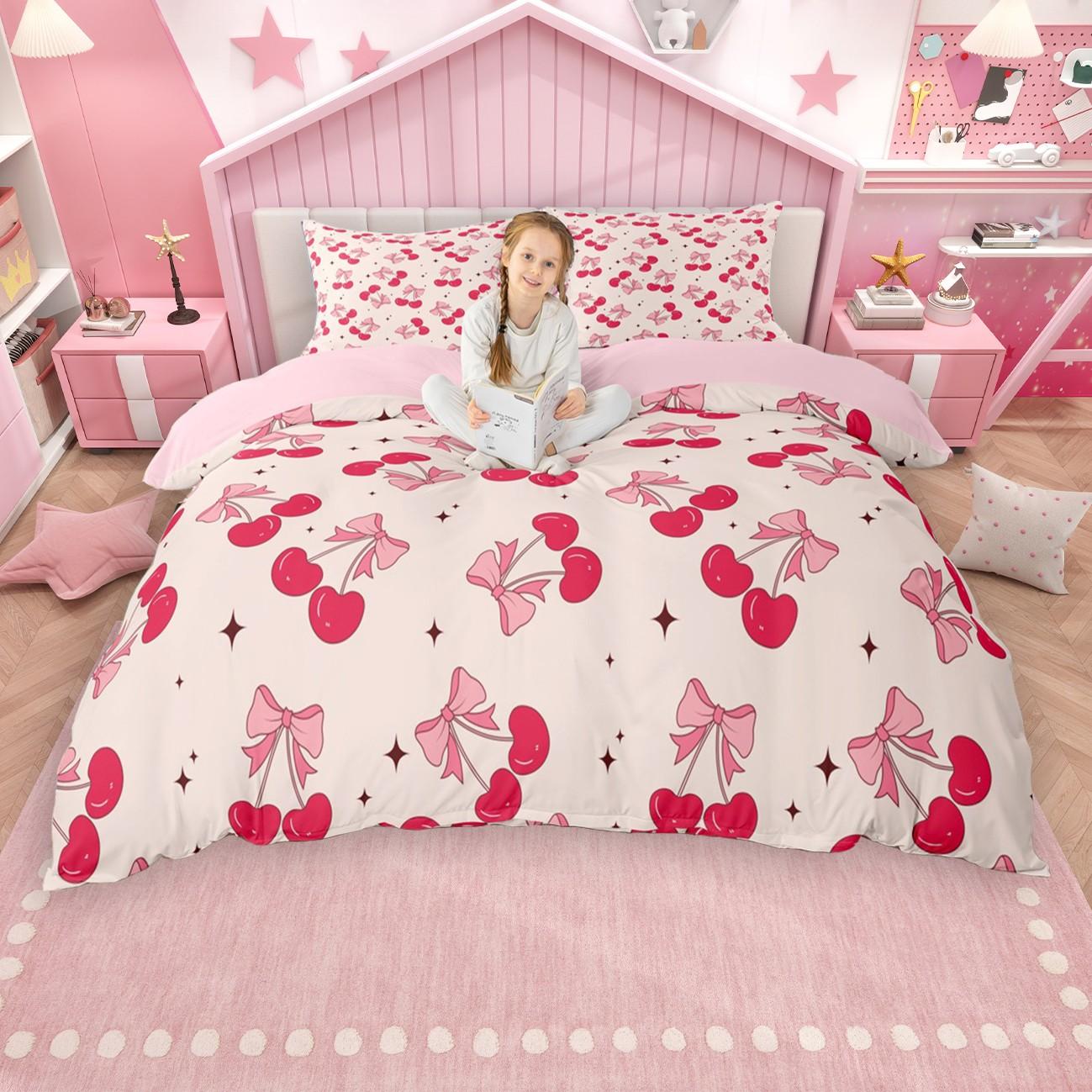 

Comforter Homewish Kawaii Cherry Strawberry For Girls Cute Pink Bow Set Tropical Fruit Theme Bedding Set Comforter (quilt)-EU Single(135*200cm)3pcs